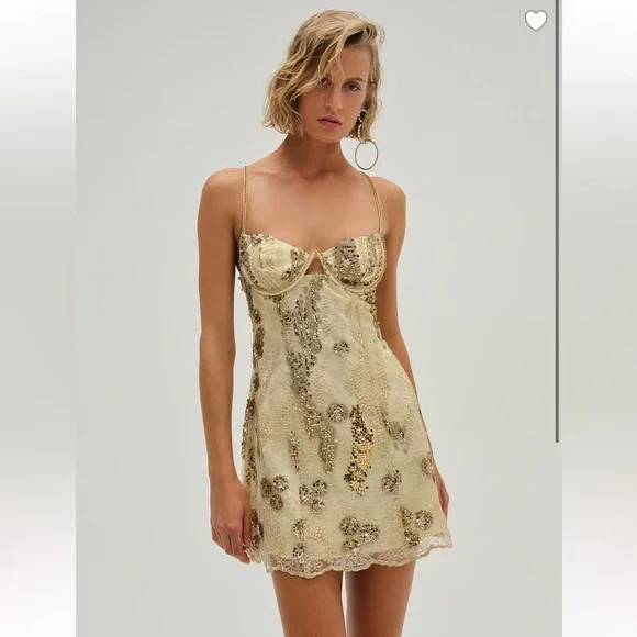 for love and lemons sparkly mini dress For Love & Lemons Sylvie Lace Trim Sequin Mini Dress